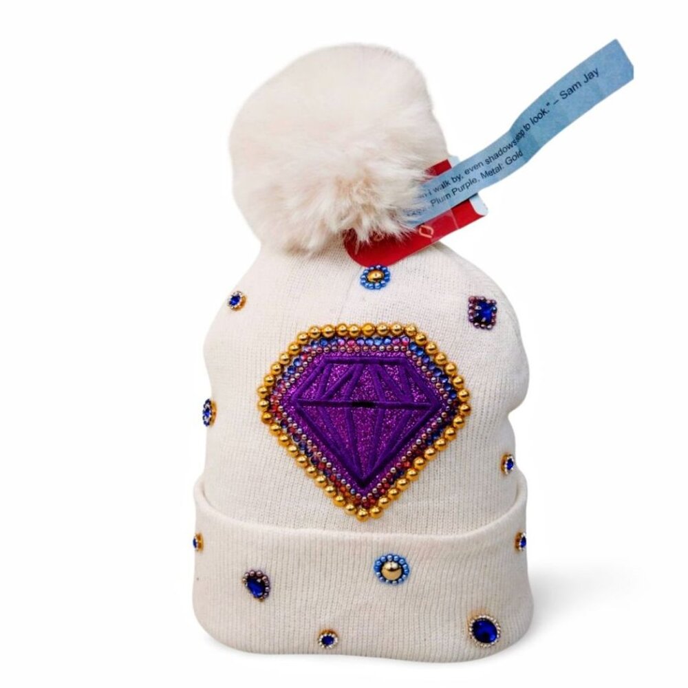Radiant Embroidered Diamond Winter White Jewel Embellished Knit Beanie TT1520